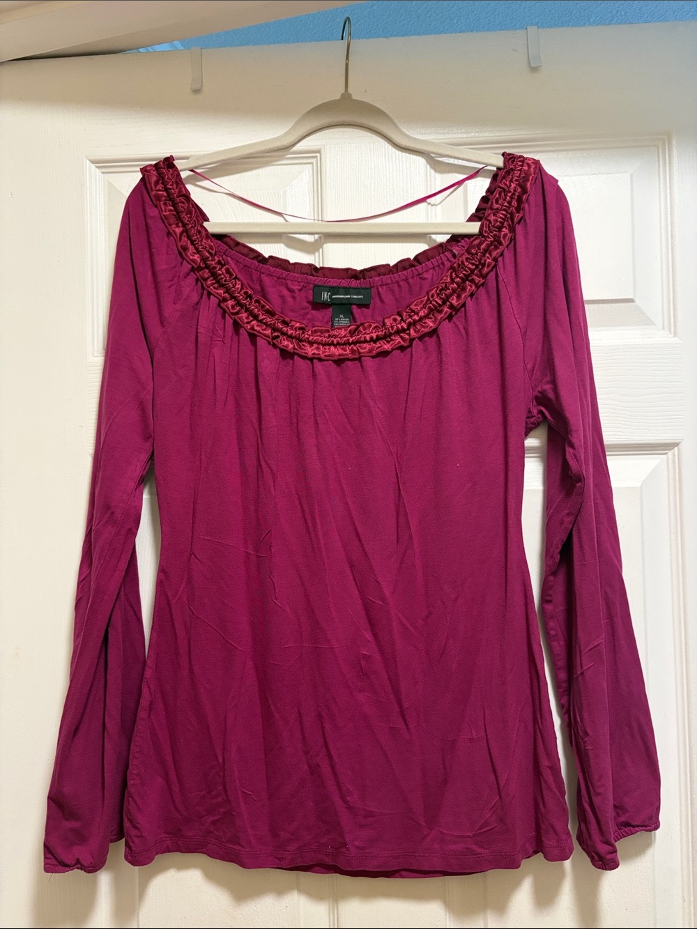 INC International Concepts Magenta Ruffle-Trim Long Sleeve Top